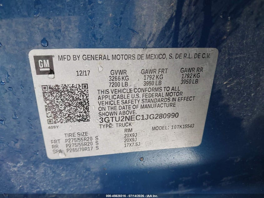 2018 Gmc Sierra 1500 VIN 3GTU2NEC1JG280990 IAAI salvage auction — NORMAL WEAR, Original (Texas), sold $8,500 on 2026-08-19 (photo 9)