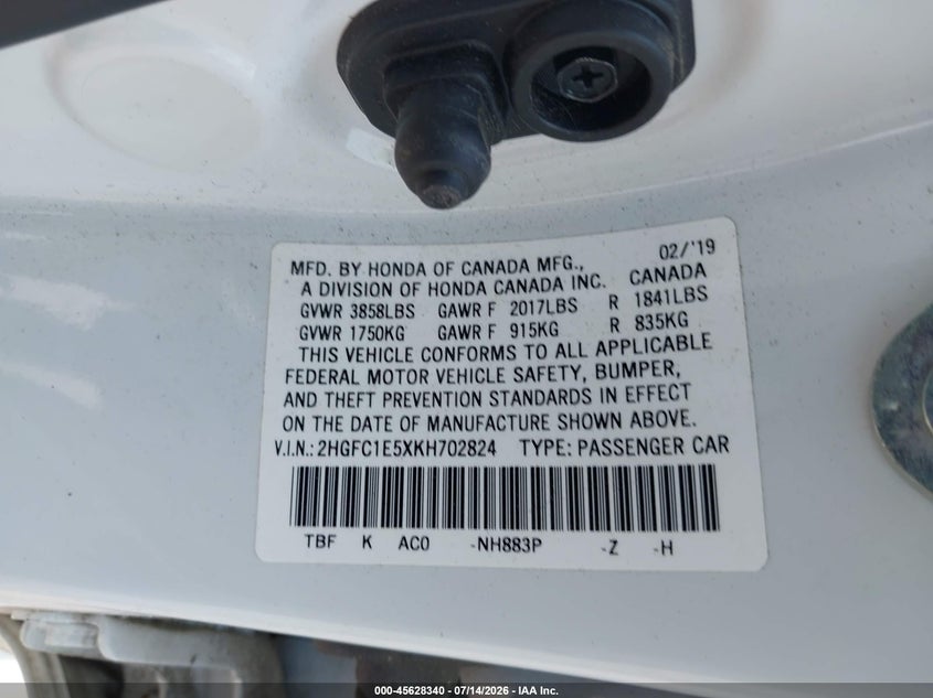 2019 Honda Civic VIN 2HGFC1E5XKH702824 IAAI salvage auction — FRONT END, Salvage Title, sold $5,300 on 2026-07-25 (photo 9)