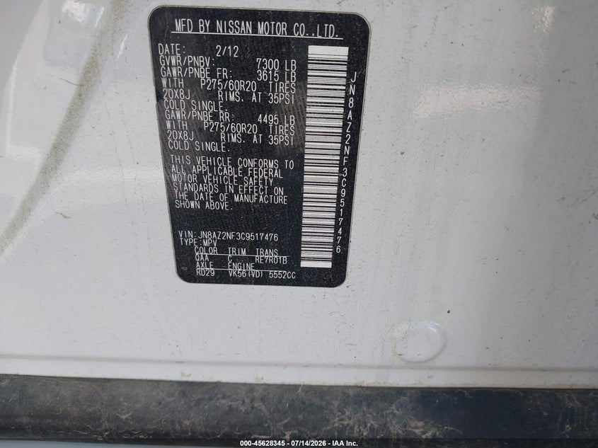 2012 Infiniti Qx56 VIN JN8AZ2NF3C9517476 IAAI salvage auction — ROOF, Clear (Mississippi), sold $1,025 on 2026-07-28 (photo 9)