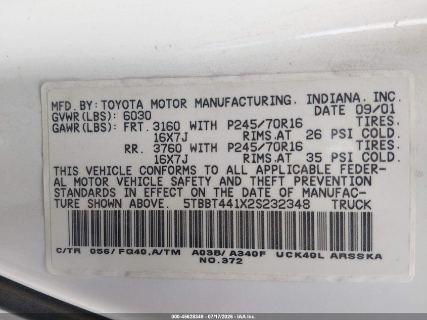 2002 Toyota Tundra VIN 5TBBT441X2S232348 IAAI salvage auction — NORMAL WEAR, Clear (Nevada), sold $10,800 on 2026-07-31 (photo 9)