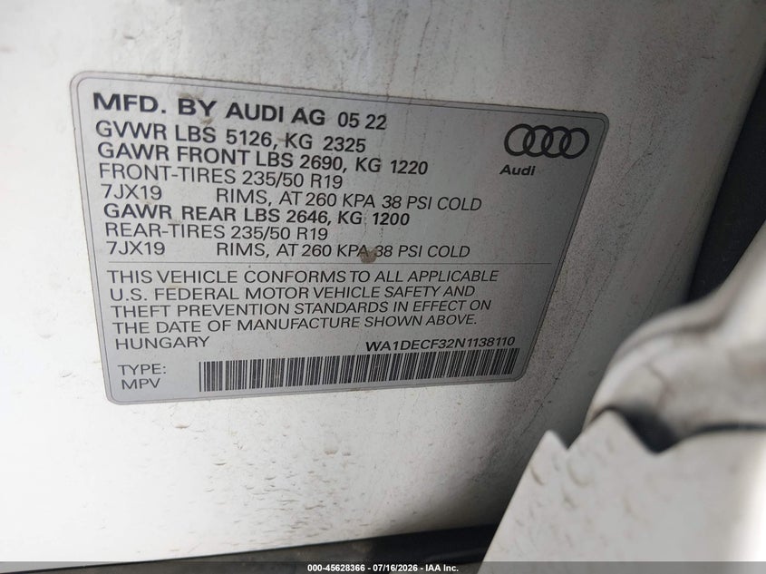2022 Audi Q3 VIN WA1DECF32N1138110 IAAI salvage auction — REAR END, Salvage Title, sold $10,850 on 2026-09-30 (photo 9)