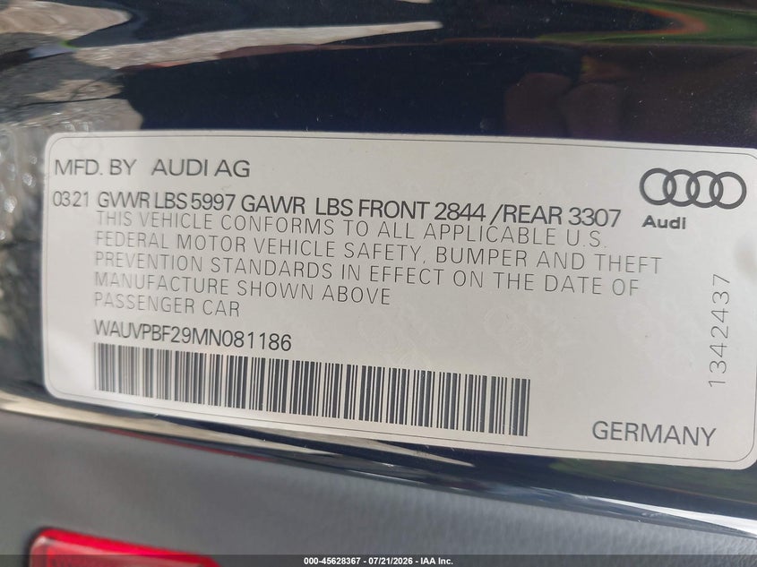 2021 Audi A7 VIN WAUVPBF29MN081186 IAAI salvage auction — FRONT END, Salvage Title, sold $19,600 on 2026-08-02 (photo 9)