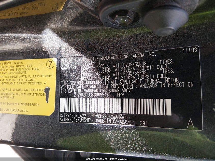 2004 Lexus Rx 330 VIN 2T2HA31U34C005512 IAAI salvage auction — NORMAL WEAR, Clear (New Mexico), sold $725 on 2026-07-29 (photo 9)