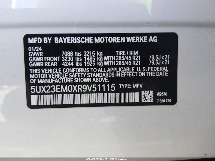 2024 BMW X7 VIN 5UX23EM0XR9V51115 IAAI salvage auction — REAR END, Wait Title, sold $33,325 on 2026-09-14 (photo 9)