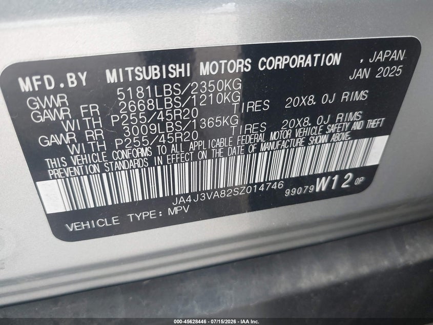 2025 Mitsubishi Outlander VIN JA4J3VA82SZ014746 IAAI salvage auction — RIGHT SIDE, Salvage Title, sold $2,550 on 2026-07-22 (photo 9)