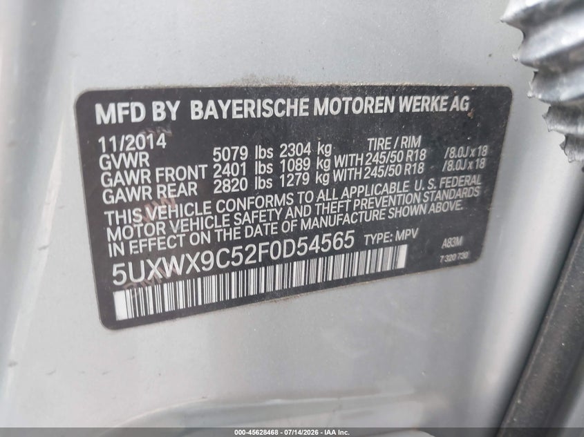 2015 BMW X3 VIN 5UXWX9C52F0D54565 IAAI salvage auction — FRONT END, Salvage Title, sold $3,000 on 2026-07-29 (photo 9)