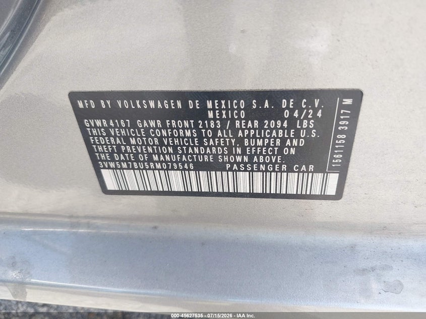 2024 Volkswagen Jetta VIN 3VW5M7BU5RM079546 IAAI salvage auction — RIGHT FRONT, Enterprise Vehicles Clear Only (Colorado), sold $9,400 on 2026-07-23 (photo 9)