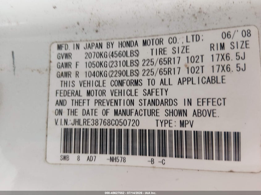 2008 Honda Cr-v VIN JHLRE38768C050720 IAAI salvage auction — NORMAL WEAR, Original (Texas), sold $1,000 on 2026-07-28 (photo 9)