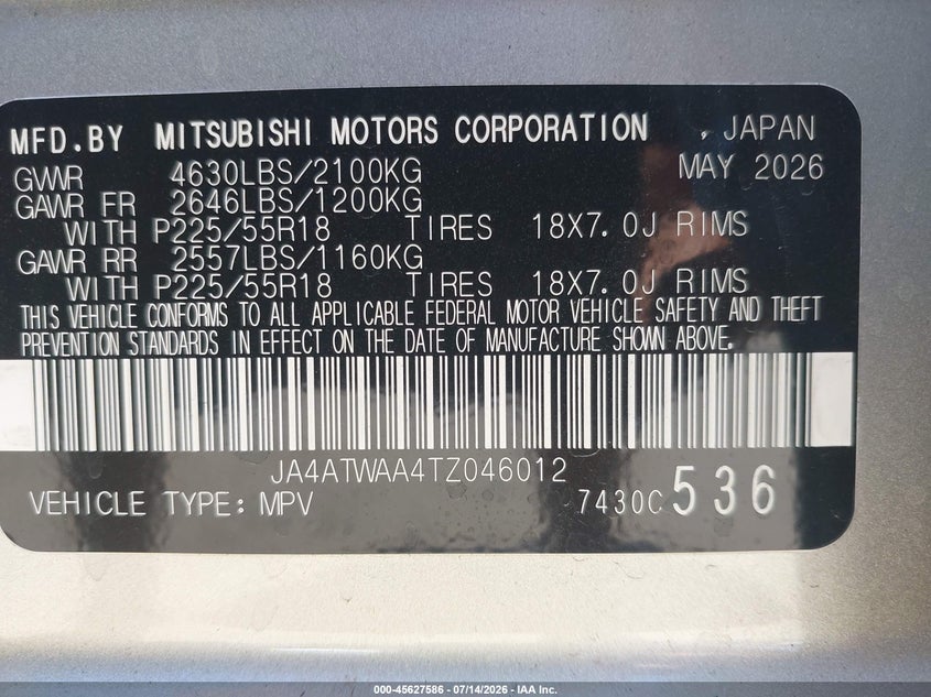 2026 Mitsubishi Eclipse cross VIN JA4ATWAA4TZ046012 IAAI salvage auction — SIDE, Enterprise Vehicles Clear Only (Utah), sold $11,000 on 2026-07-16 (photo 9)