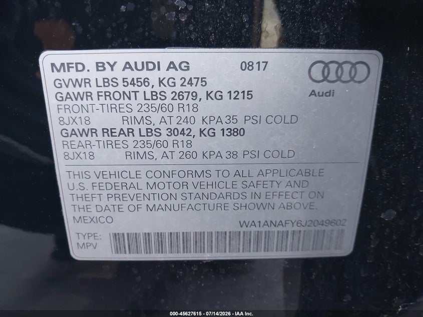 2018 Audi Q5 VIN WA1ANAFY6J2049602 IAAI salvage auction — REAR END, Salvage Certificate (California), sold $7,200 on 2026-07-29 (photo 9)