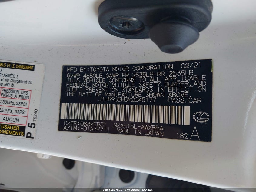 2021 Lexus Ux VIN JTHR9JBH0M2045177 IAAI salvage auction — RIGHT FRONT, Salvage (Oregon), sold $11,600 on 2026-09-03 (photo 9)