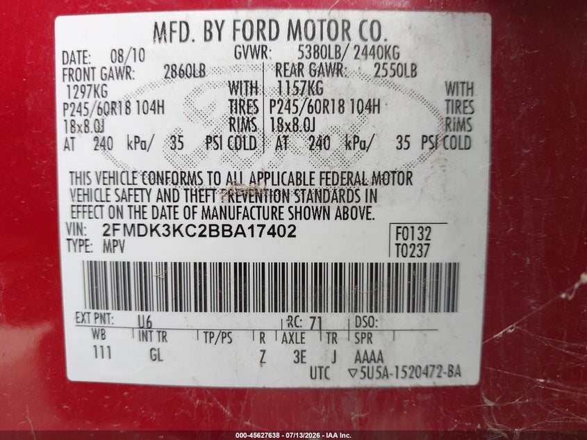2011 Ford Edge VIN 2FMDK3KC2BBA17402 IAAI salvage auction — NORMAL WEAR, Clear - Dealer Only (California), sold $1,025 on 2026-07-22 (photo 9)