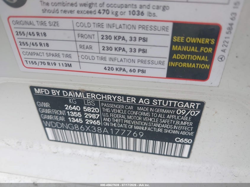 2008 Mercedes-benz S-klasse VIN WDDNG86X38A177769 IAAI salvage auction — FRONT END, Clear (Massachusetts), sold $1,300 on 2026-08-14 (photo 9)