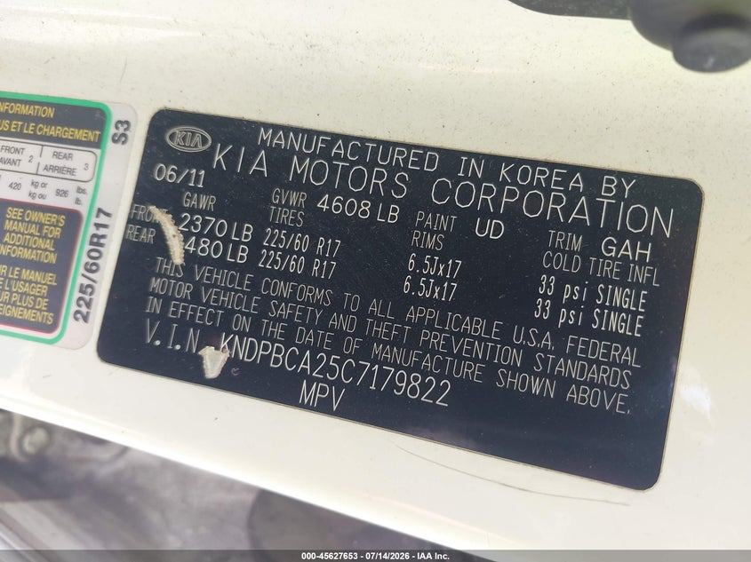 2012 Kia Sportage VIN KNDPBCA25C7179822 IAAI salvage auction — NORMAL WEAR, Clear (Illinois), sold $1,125 on 2026-07-20 (photo 9)