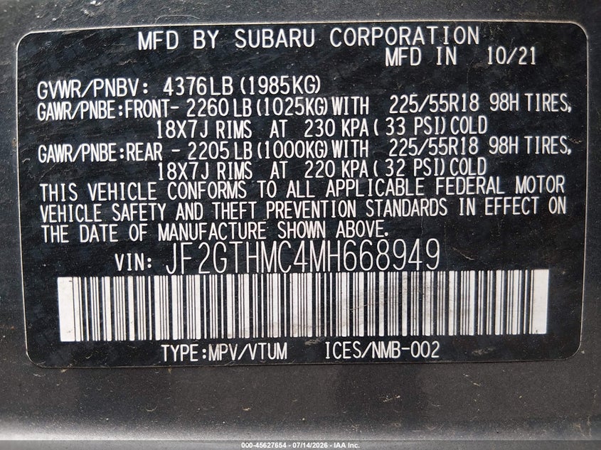 2021 Subaru Xv VIN JF2GTHMC4MH668949 IAAI salvage auction — NORMAL WEAR, Clear (Massachusetts), sold $1,750 on 2026-07-21 (photo 9)