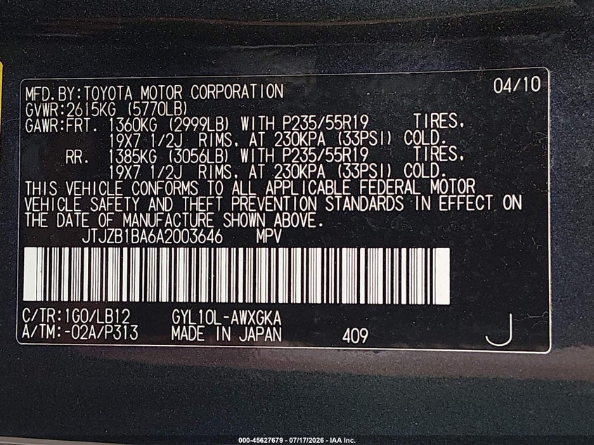 2010 Lexus Rx 450h VIN JTJZB1BA6A2003646 IAAI salvage auction — FRONT END, Clear (Florida), sold $1,300 on 2026-07-28 (photo 9)