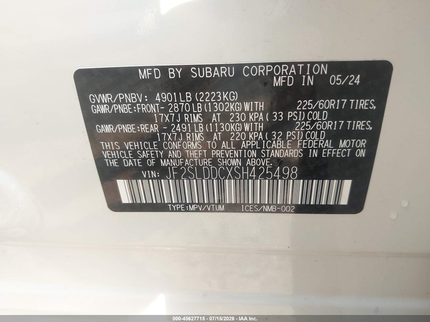 2025 Subaru Forester VIN JF2SLDDCXSH425498 IAAI salvage auction — FRONT END, Salvage (Ohio), sold $7,000 on 2026-08-01 (photo 9)