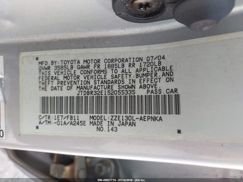 2005 Toyota Corolla VIN JTDBR32E152055335 IAAI salvage auction — NORMAL WEAR, Original (Ohio), sold $775 on 2026-07-20 (photo 9)
