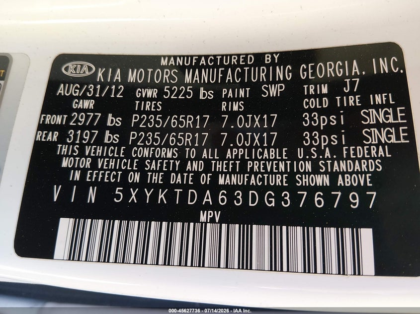 2013 Kia Sorento VIN 5XYKTDA63DG376797 IAAI salvage auction — NORMAL WEAR, Clear (Virginia), sold $900 on 2026-07-30 (photo 9)