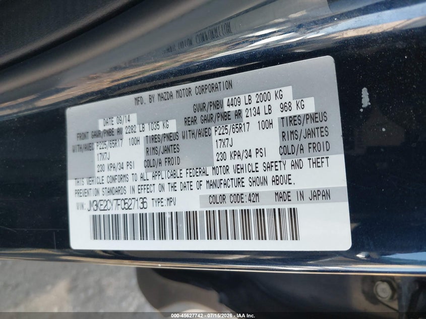 2015 Mazda Cx-5 VIN JM3KE2CY7F0527136 IAAI salvage auction — FRONT END, Wait Title, sold $1,500 on 2026-09-16 (photo 9)