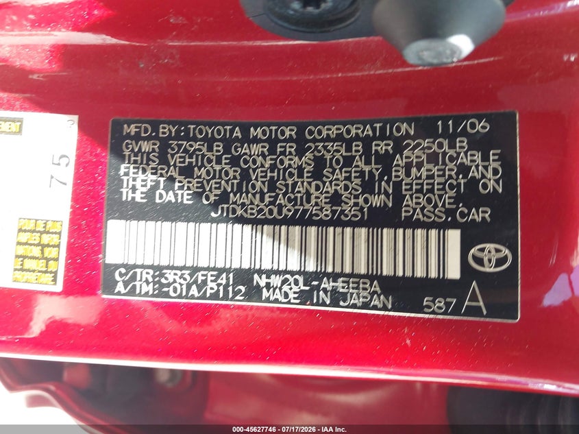 2007 Toyota Prius VIN JTDKB20U977587351 IAAI salvage auction — NORMAL WEAR, Clear - Dealer Only (California), sold $625 on 2026-07-23 (photo 9)