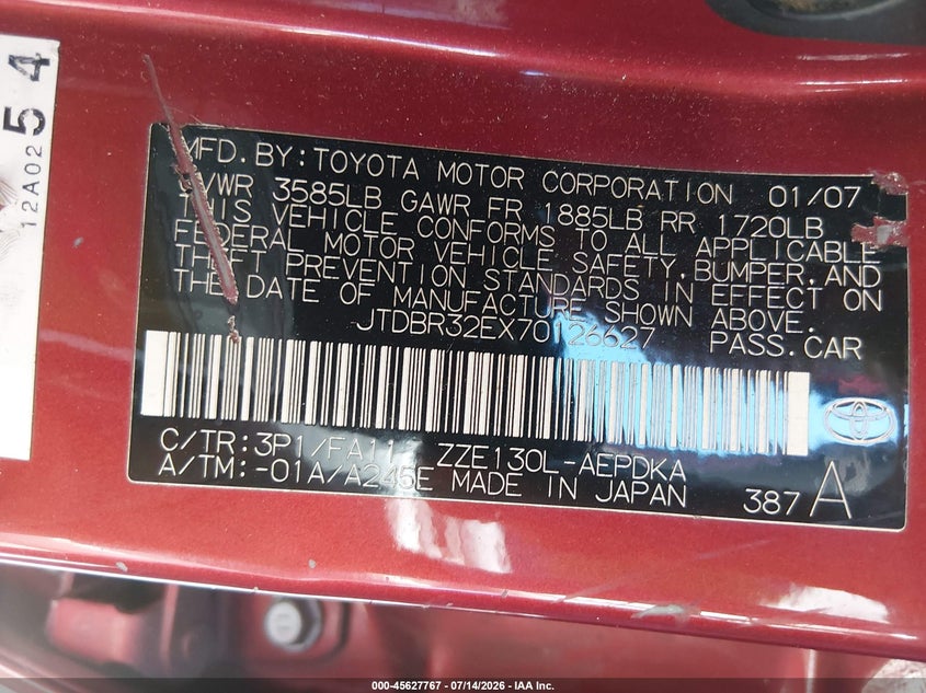 2007 Toyota Corolla VIN JTDBR32EX70126627 IAAI salvage auction — NORMAL WEAR, Salvage (California), sold $25 on 2026-07-30 (photo 9)