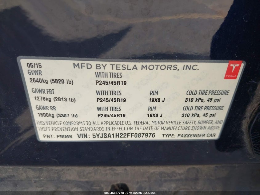 2015 Tesla Model s VIN 5YJSA1H22FF087976 IAAI salvage auction — FRONT END, Salvage Title, sold $3,850 on 2026-09-02 (photo 9)