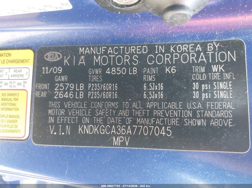 2010 Kia Sportage VIN KNDKGCA36A7707045 IAAI salvage auction — NORMAL WEAR, Clear (Maryland), sold $1,575 on 2026-07-29 (photo 9)