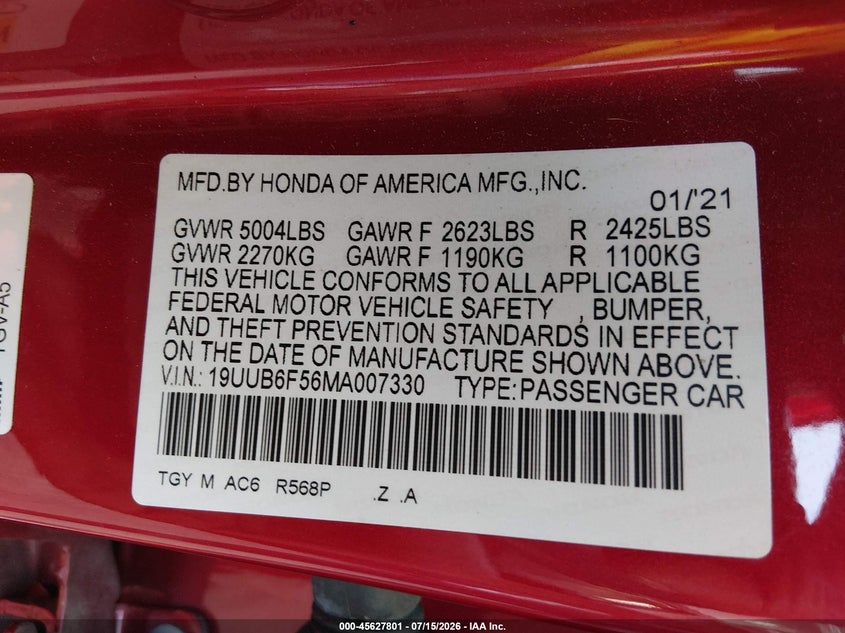 2021 Acura Tlx VIN 19UUB6F56MA007330 IAAI salvage auction — REAR END, Salvage Title, sold $8,900 on 2026-08-26 (photo 9)