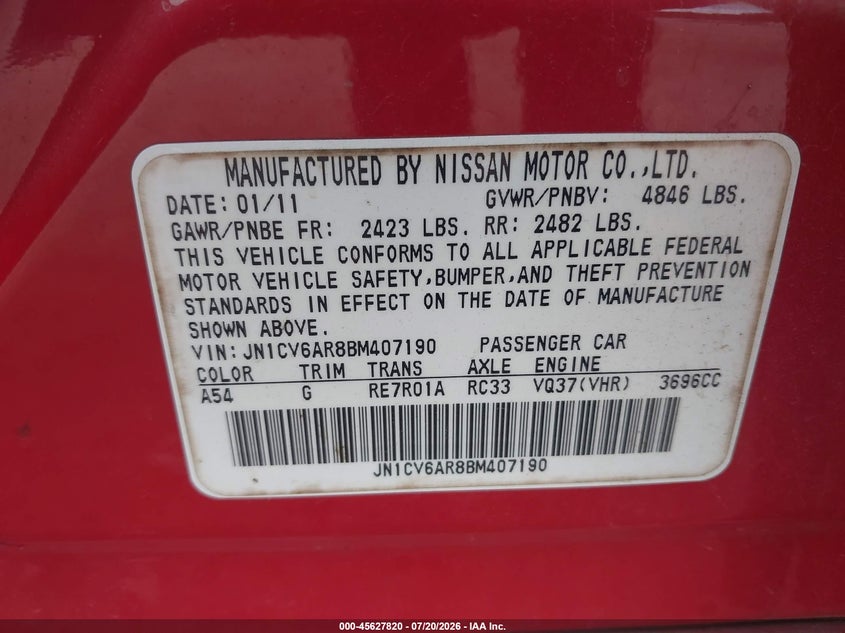 2011 Infiniti G37 VIN JN1CV6AR8BM407190 IAAI salvage auction — NORMAL WEAR, Clear (Tennessee), sold $175 on 2026-07-29 (photo 9)
