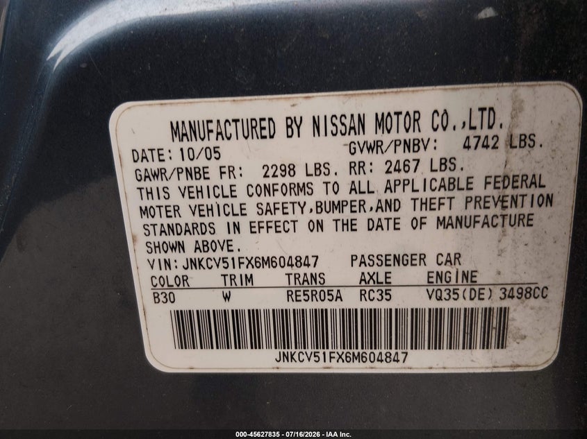 2006 Infiniti G35 VIN JNKCV51FX6M604847 IAAI salvage auction — NORMAL WEAR, Clear (New Jersey), sold $400 on 2026-07-30 (photo 9)