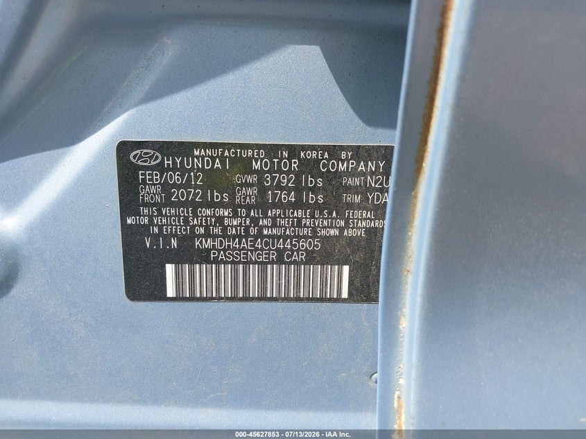 2012 Hyundai Elantra VIN KMHDH4AE4CU445605 IAAI salvage auction — NORMAL WEAR, Salvage Title, sold $450 on 2026-07-30 (photo 9)