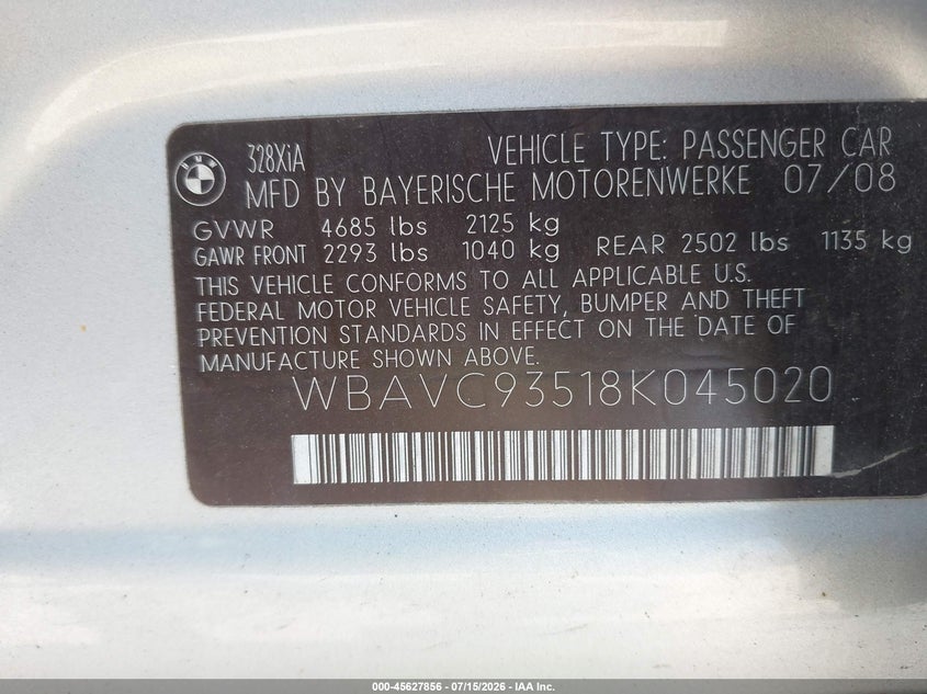 2008 BMW 3 series VIN WBAVC93518K045020 IAAI salvage auction — NORMAL WEAR, Clear (Pennsylvania), sold $50 on 2026-07-24 (photo 9)
