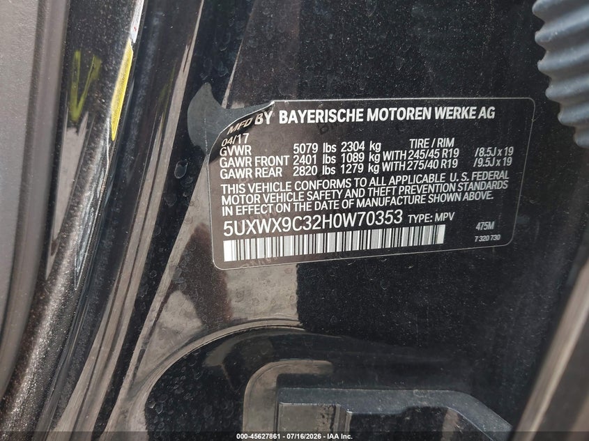2017 BMW X3 VIN 5UXWX9C32H0W70353 IAAI salvage auction — LEFT FRONT, Salvage Title, sold $4,750 on 2026-07-24 (photo 9)