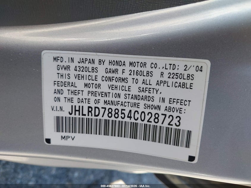 2004 Honda Cr-v VIN JHLRD78854C028723 IAAI salvage auction — LEFT SIDE, Salvage (California), sold $650 on 2026-07-28 (photo 9)