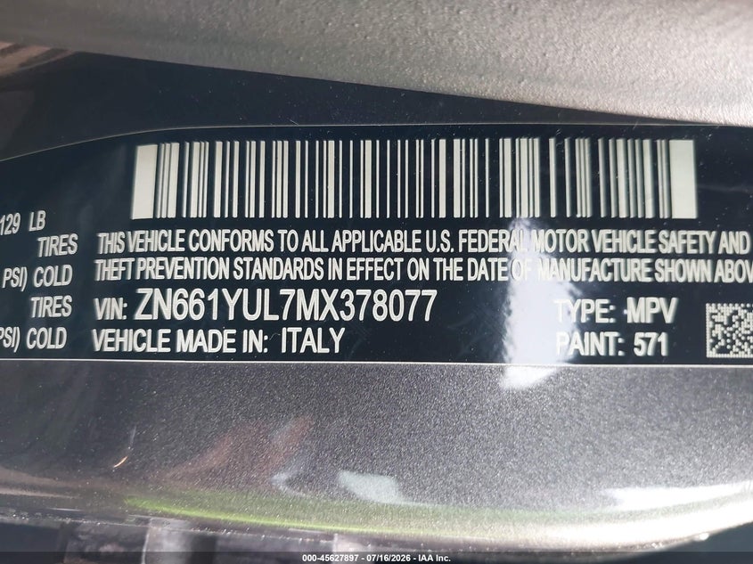 2021 Maserati Levante VIN ZN661YUL7MX378077 IAAI salvage auction — SIDE, Wait Title, sold $6,850 on 2026-09-09 (photo 9)