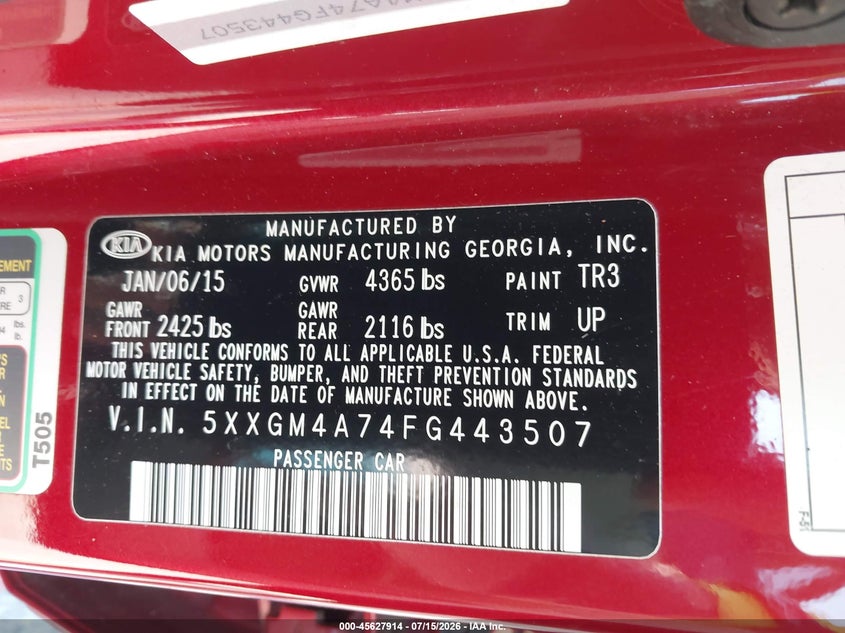 2015 Kia Optima VIN 5XXGM4A74FG443507 IAAI salvage auction — NORMAL WEAR, Clear (Washington), sold $900 on 2026-07-29 (photo 9)