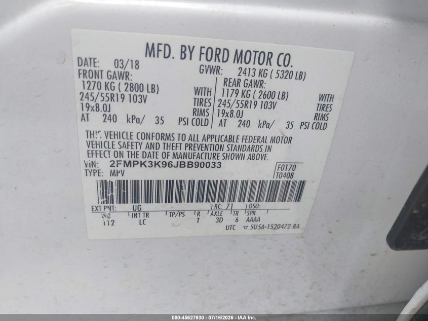 2018 Ford Edge VIN 2FMPK3K96JBB90033 IAAI salvage auction — ALL OVER, Wait Title, sold $1,850 on 2026-08-21 (photo 9)