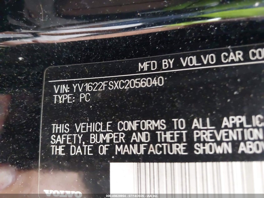 2012 Volvo S60 VIN YV1622FSXC2056040 IAAI salvage auction — REAR END, Salvage Rebuilt (North Carolina), sold $325 on 2026-07-24 (photo 9)
