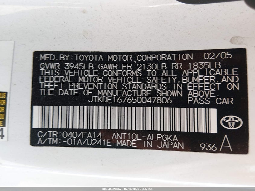 2005 Scion Tc VIN JTKDE167650047806 IAAI salvage auction — FRONT END, Salvage (California), sold $200 on 2026-07-28 (photo 9)