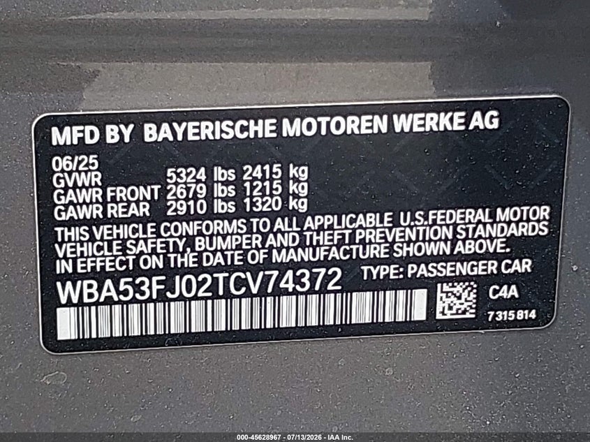 2026 BMW 5er VIN WBA53FJ02TCV74372 IAAI salvage auction — SIDE, Salvage Title, sold $18,900 on 2026-08-02 (photo 9)