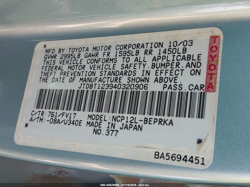 2004 Toyota Echo VIN JTDBT123940320906 IAAI salvage auction — NORMAL WEAR, Clear (Colorado), sold $325 on 2026-07-28 (photo 9)