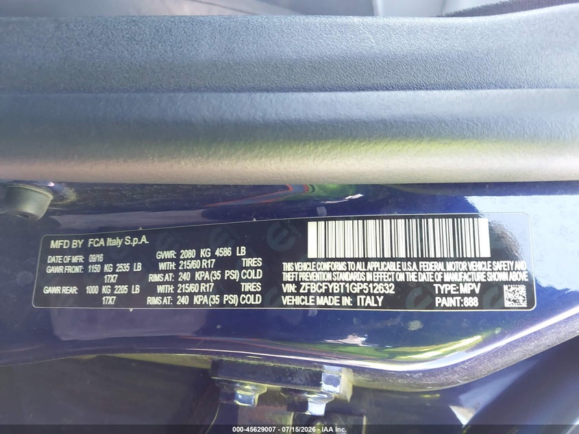 2016 Fiat 500x VIN ZFBCFYBT1GP512632 IAAI salvage auction — FRONT & REAR, Salvage Title, sold $25 on 2026-07-28 (photo 9)