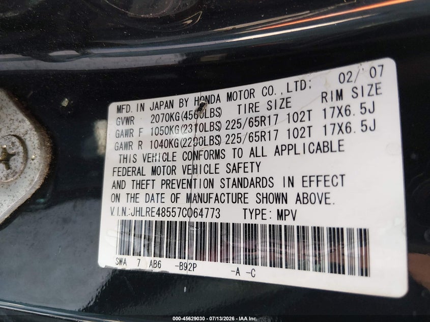 2007 Honda Cr-v VIN JHLRE48557C064773 IAAI salvage auction — NORMAL WEAR, Clear (Massachusetts), sold $375 on 2026-07-22 (photo 8)