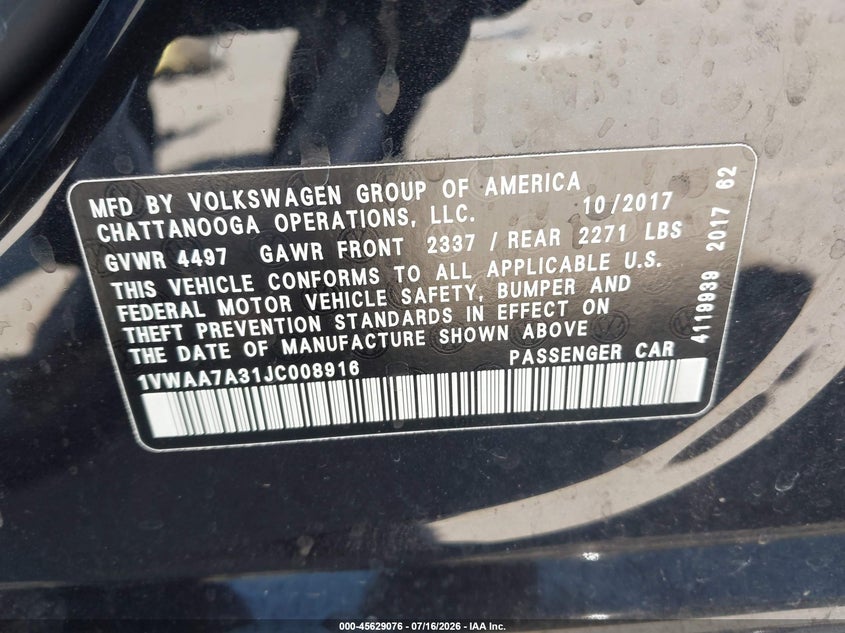 2018 Volkswagen Passat VIN 1VWAA7A31JC008916 IAAI salvage auction — RIGHT FRONT, Wait Title, sold $1,900 on 2026-07-31 (photo 9)