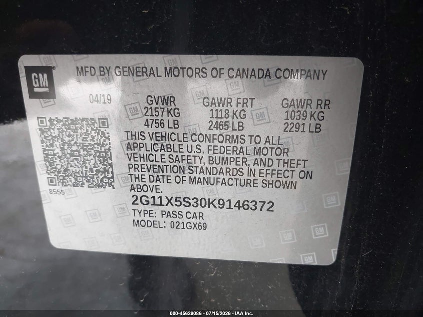 2019 Chevrolet Impala VIN 2G11X5S30K9146372 IAAI salvage auction — NORMAL WEAR, Sf97 (Texas), sold $13,475 on 2026-09-01 (photo 9)