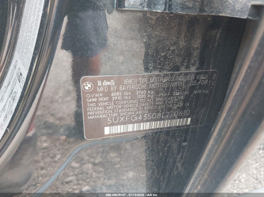 2008 BMW X6 VIN 5UXFG43508L220610 IAAI salvage auction — NORMAL WEAR, Clear (New York), sold $25 on 2026-07-28 (photo 9)