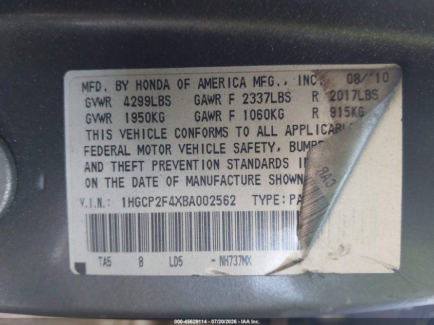 2011 Honda Accord VIN 1HGCP2F4XBA002562 IAAI salvage auction — FRONT END, Salvage (New Jersey), sold $800 on 2026-09-28 (photo 9)