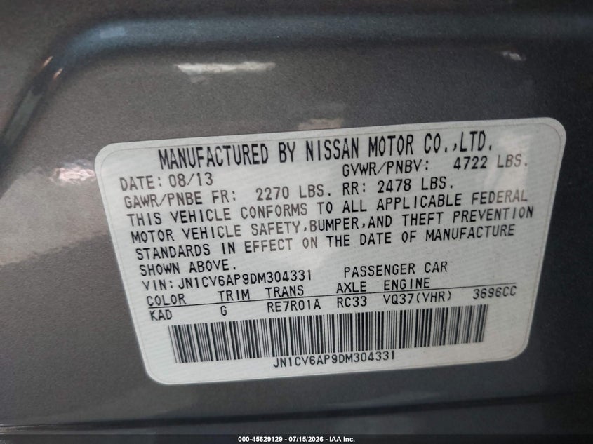 2013 Infiniti G VIN JN1CV6AP9DM304331 IAAI salvage auction — VANDALISM, Wait Title, sold $900 on 2026-09-13 (photo 9)