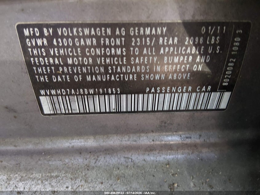2011 Volkswagen Gti VIN WVWHD7AJ8BW191853 IAAI salvage auction — NORMAL WEAR, Clear (Maryland), sold $275 on 2026-07-30 (photo 9)